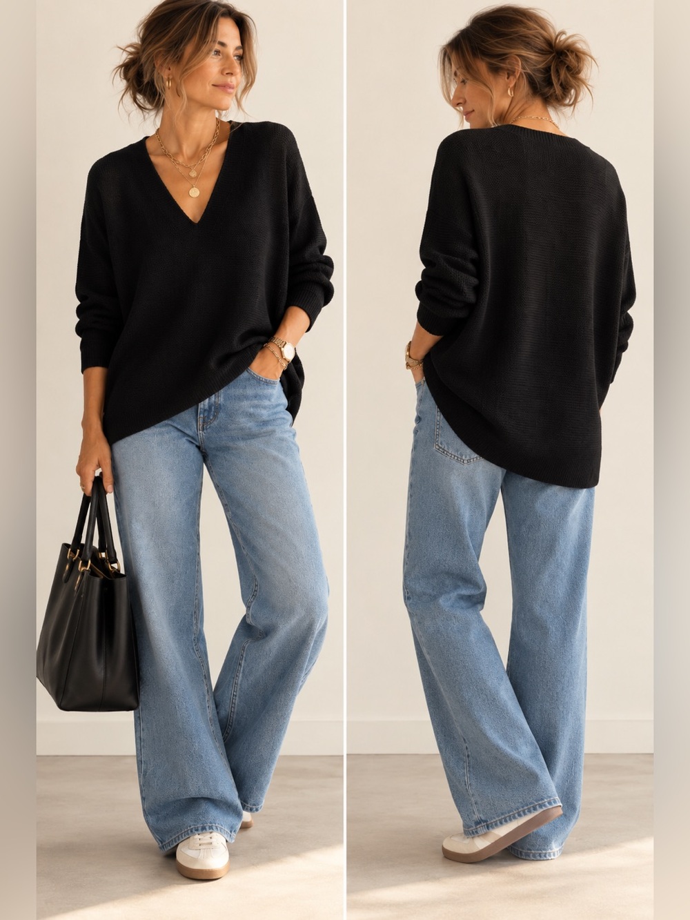 Uniqlo Women’s XL Black V-Neck Oversized Knit Sweater Dolman High Low Hem - Picture 3 of 10